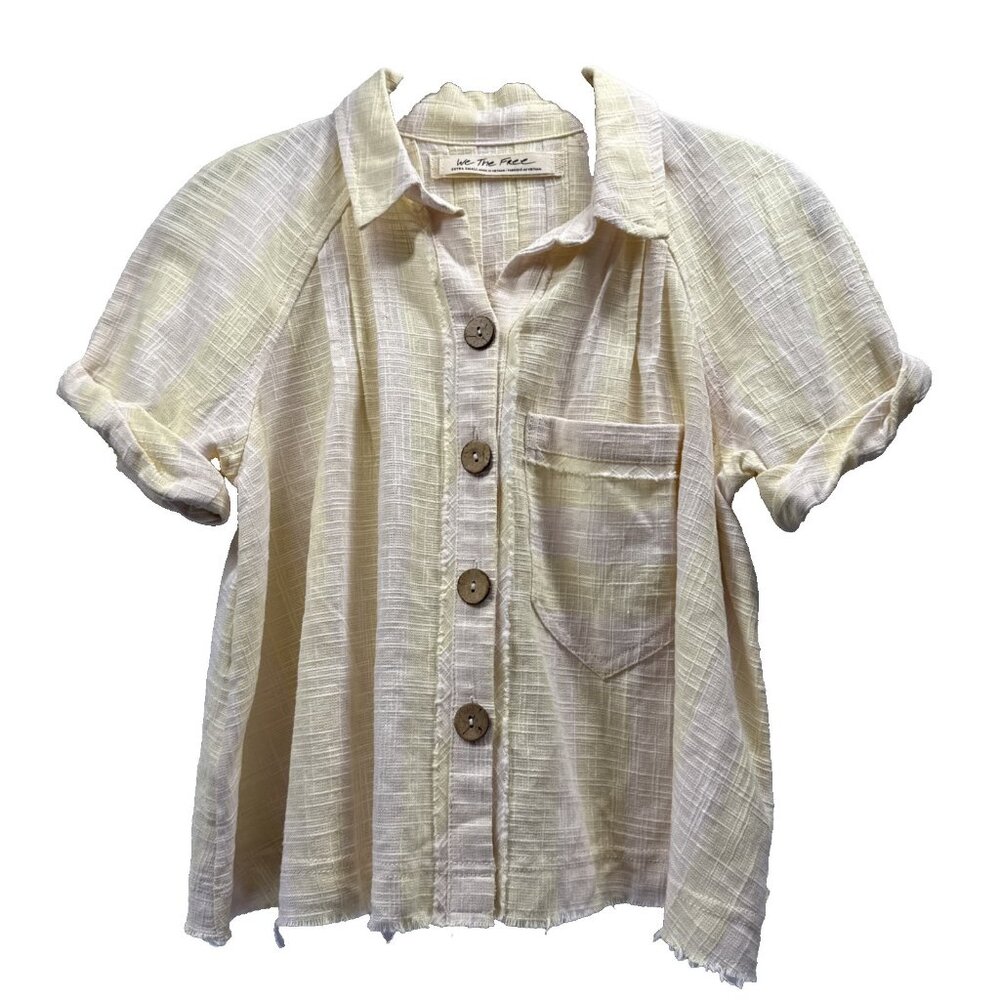 We The Free Women's Top XS Button Up Distressed Short Sleeves Pink Yellow A Line